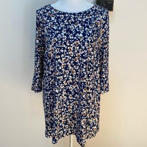 J Jill navy blue tunic with white and brown flowers, 3/4 sleeves, size M